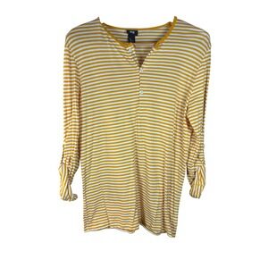 H&M Mens Henley Shirt Medium Mustard Yellow White Striped Roll Tab Sleeve Cotton